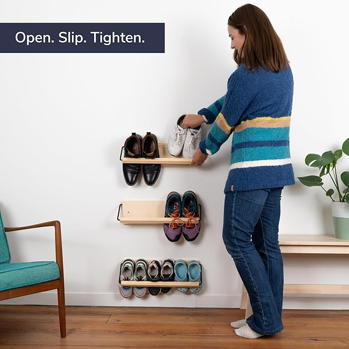 Wall Mounted Shoe Rack - A Wooden, Modern, Slim, and Small Shoe Storage Solution for Shoes and Boots in Narrow Spaces, entryways, or hallways. (20-in-Wide)