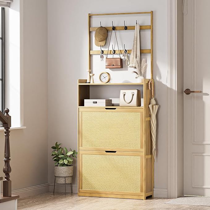 Shoe Cabinet with 2 Rattan Flip Drawers，Bamboo Shoe Storage Cabinet with Coat Hooks, Freestanding Shoe Cabinet Storage for Entryway,Hallway, Closet, Living Room,Natural