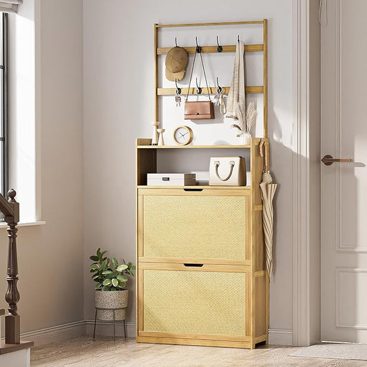 Shoe Cabinet with 2 Rattan Flip Drawers，Bamboo Shoe Storage Cabinet with Coat Hooks, Freestanding Shoe Cabinet Storage for Entryway,Hallway, Closet, Living Room,Natural
