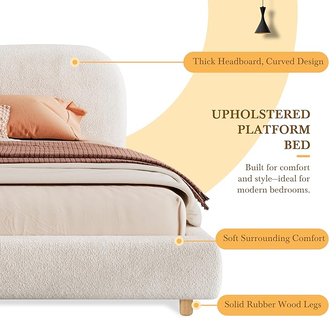 Christopher Knight Home Queen Size Platform Bed, Boucle Fabric Headborad and Bed Frame, Upholstered Curve-Shaped Design Headboard, Wood Bedpost and Slat, Modern Design Bed Set, Easy Assembly, White