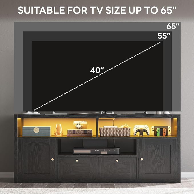 LIKIMIO Premium Black TV Stand with 1" Thick Top for 65" TV, Modern TV Console with LED Lights, Charging Station & Storage, High-End Entertainment Center for Living Room and Bedroom