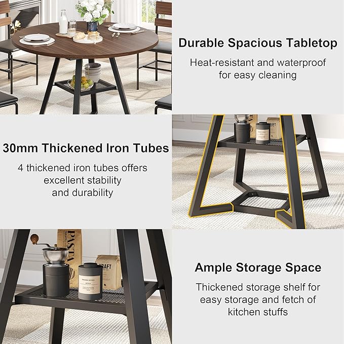 Round Dining Table for 4, Kitchen Tables Dining Room Circle Dinner Table with Pedestal Metal Frame, Space Saving Wood Industrial Kitchen & Dining Room Tables, Walnut 47In