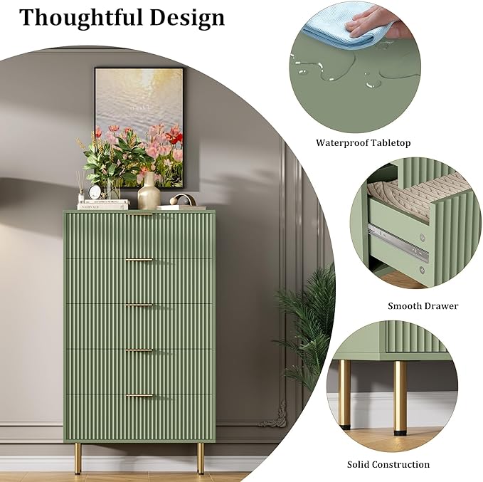 GAOMON 5 Drawer Dresser,Fluted Dresser for Bedroom,47.9" Tall Dressers Chest of Drawers,Wood Tall Dressers with Metal Handle for Closet, Living Room, Entryway