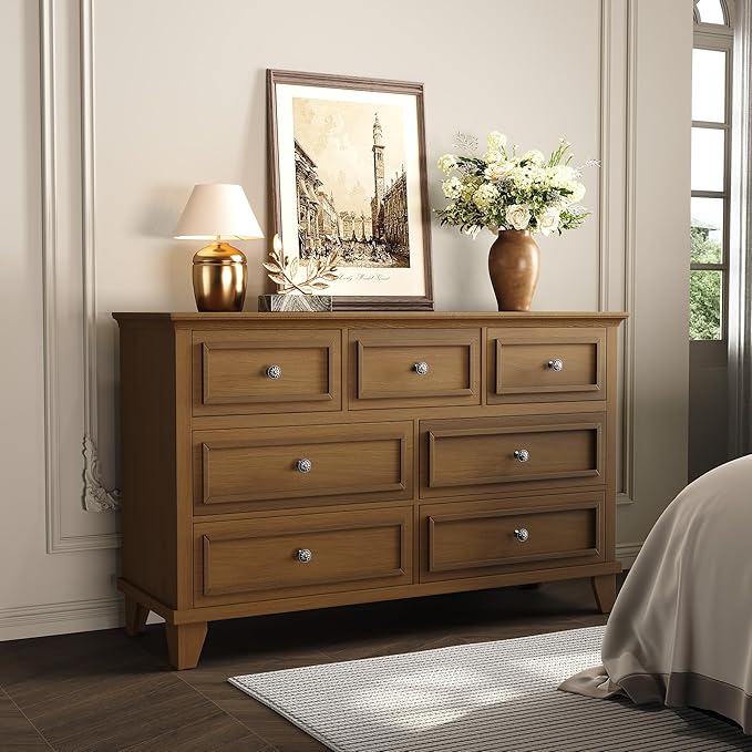 IDEALHOUSE 7 Drawer Dresser, Large Wooden Storage Chest of Drawers with Exquisite Metal Handles, 47" Wide Dresser TV Stand, Drawer Organizer for Bedroom, Living Room, Hallway, Entryway, Brown