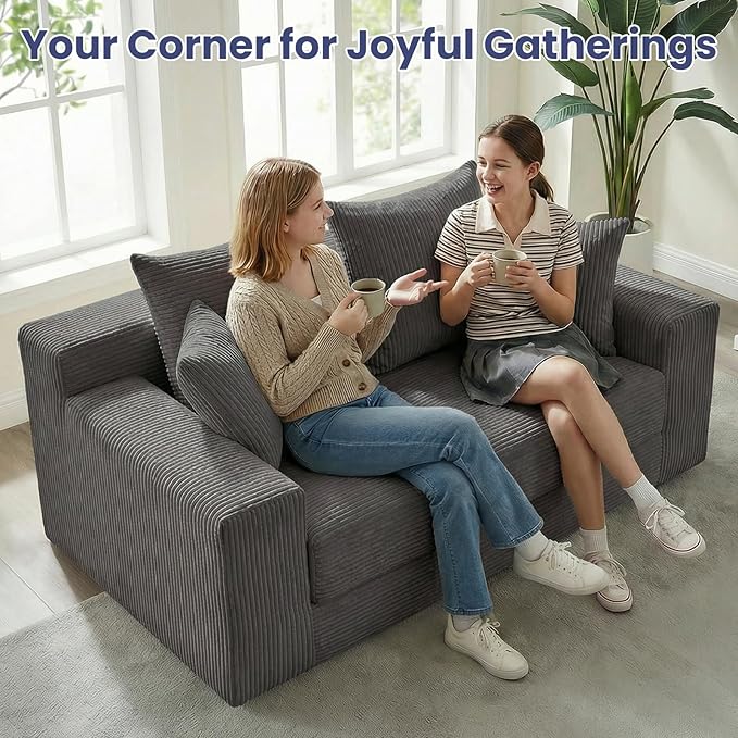 3-in-1 Convertible Sofa Bed: Boneless Loveseat Sleeper & Folding Couch Bed with 4 Pillows & Detachable Cushion for Bedroom, Small Space, Guest and Living Room, Corduroy Futon, No Assembly,Grey