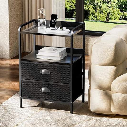 Night Stand with 2 Fabric Drawer and Sturdy Metal Frame, Lightweight & Durable -55LB Load Capacity, Wear-Resistant & Easy-Clean Surface,Rustic Black Modern