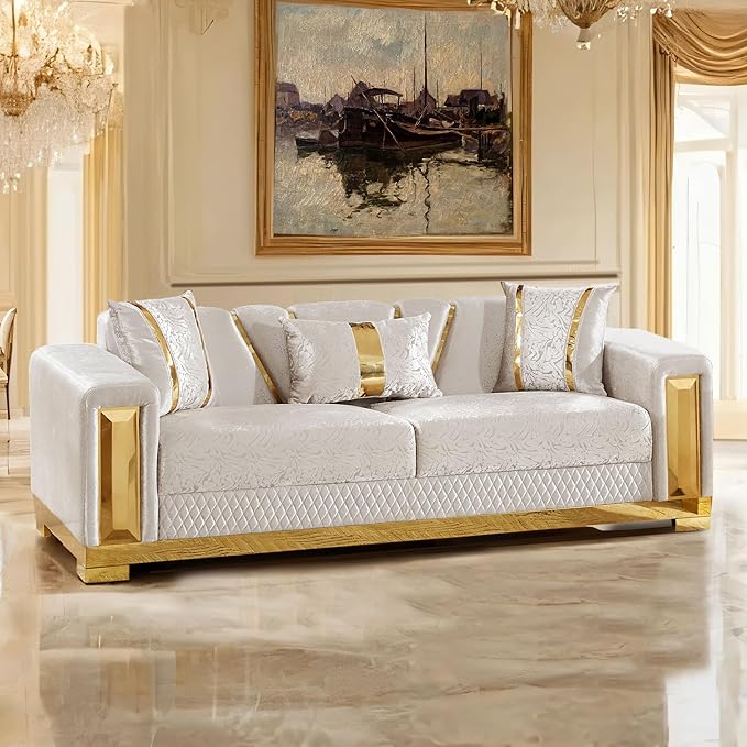Furniture of America Samison II Glam Solid Wood Upholstered Couch with Accent Pillows, Damask Pattern and Gold Base, Comfortable Sofa for Living Room, Bedroom, Office, Beige