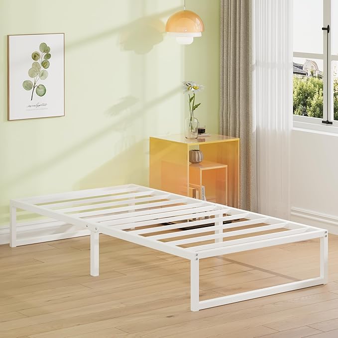 EMODA 12 Inch Twin XL Bed Frame, Metal Platform Bed Frame No Box Spring Needed, Heavy Duty Steel Slats Support, Easy Assembly, Noise Free, White