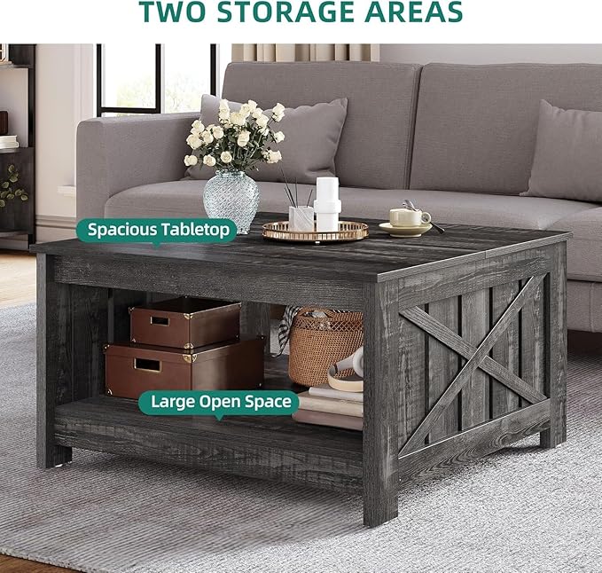 YITAHOME Coffee Tables Farmhouse Coffee Table with Storage Rustic Wood Cocktail Table,Square Coffee Table for Living Meeting Room with Half Open Storage Compartment,Dark Rustic Oak