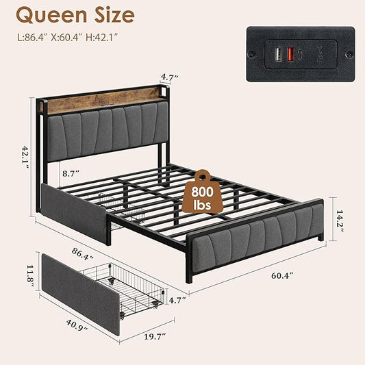 GAOMON Queen Size Bed Frame with Storage Headboard and 2 Drawers, Linen Upholstered Platform Bed Frame with Charging Station, Heavy Duty, No Box Spring Needed, Easy Assembly, Noise Free, Grey&Brown