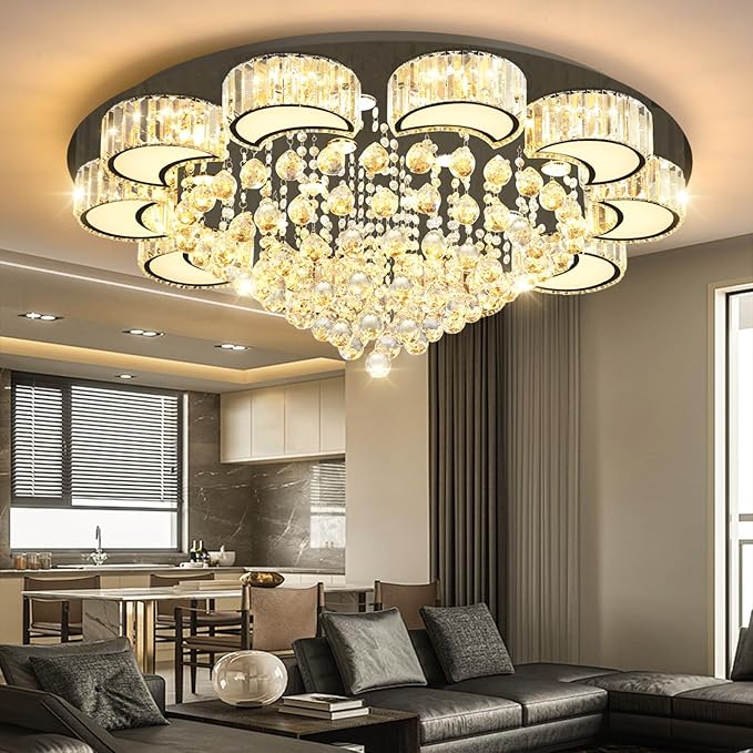 40'' Black Modern Crystal Chandeliers for Dining Room LED Dimmable Light Fixtures Flush Mount Light Living Room Bedrooms