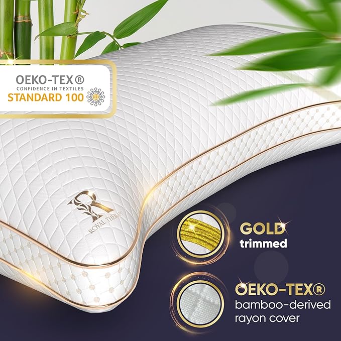 Royal Therapy Queen 4-Pack Memory Foam Pillow, Adjustable Shredded Odor-Free Cut-Out Bed Pillow for Neck & Shoulder Pain Relief, Breathable Support for Back, Stomach, Side Sleepers, BioForm