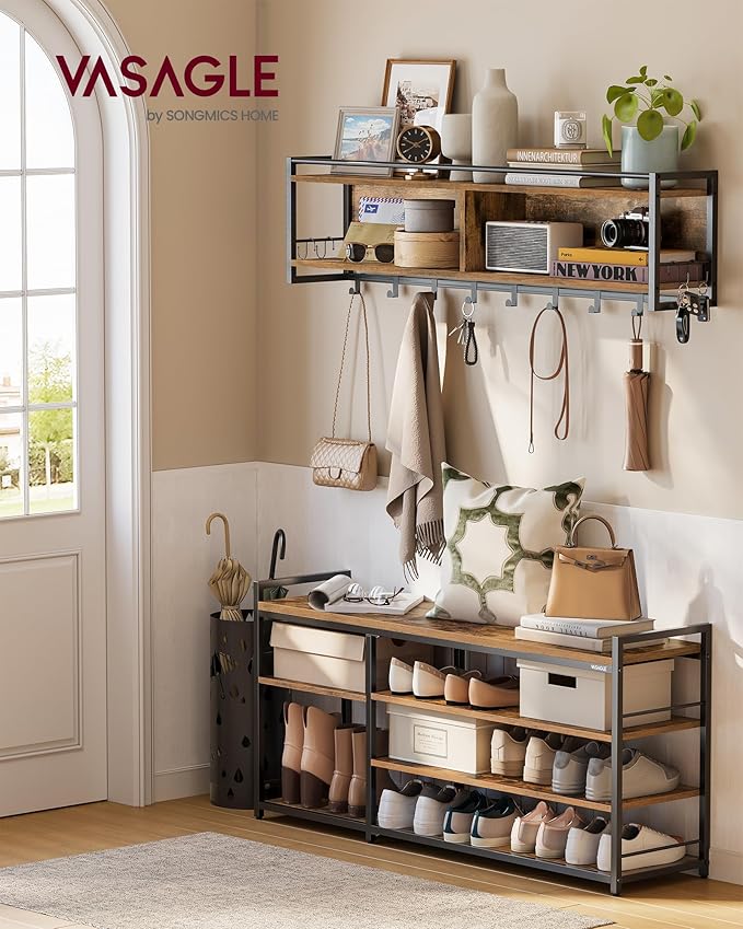 VASAGLE Hall Tree with Shoe Bench, Coat Rack Shoe Bench Set, Entryway Furniture, Multifunctional, 12 Metal Hooks, 4-Tier Shoe Rack, for Entryway, Bedroom, Rustic Brown ULSB109K01