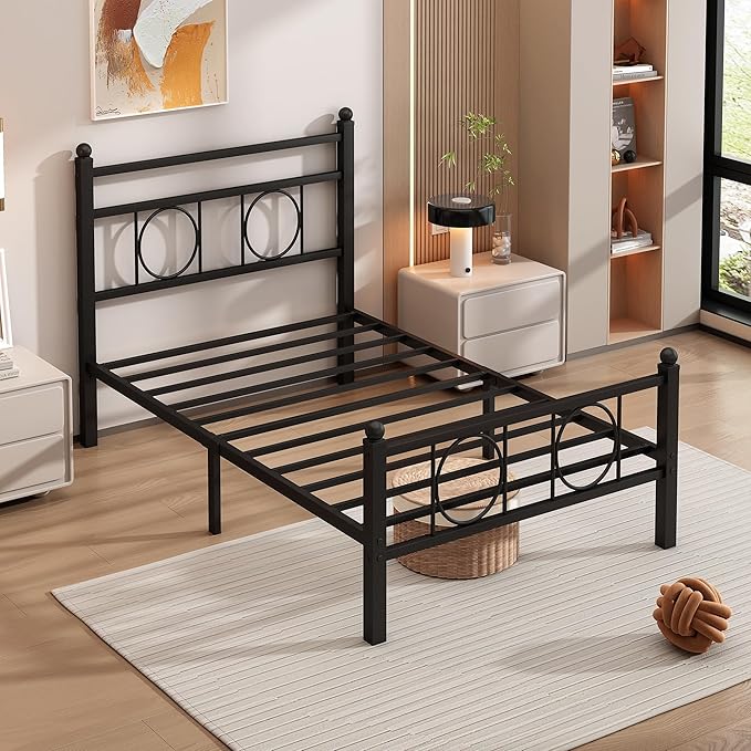 Twin Size Bed Frame Classic Metal Platform Bed Frame Mattress Foundation with Victorian Style Iron-Art Headboard/Footboard/Storage Space/No Box Spring Needed/Black