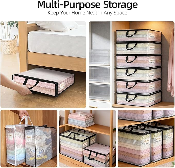 Vieshful 6 Pack Plastic Storage Bags with Zipper, Clear Bed Sheet Organizers and Storage, for Clothes Blankets, Sweater, Toys & Closet Organizer, 22L Black (17.7" × 14.96" × 5.1")
