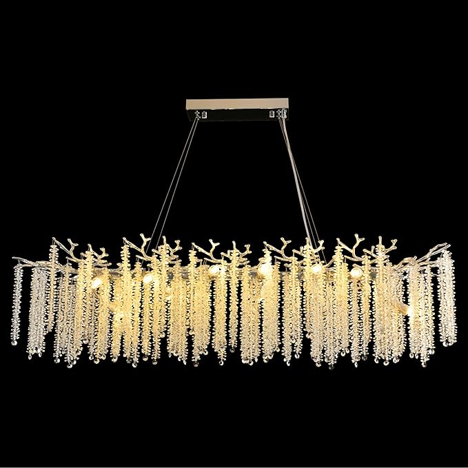 Modern Crystal Tree Branch Chandelier, Chrome Linear Rectangle Art Deco Raindrop Lighting Fixture for Dining Room Living Room Kitchen Island 16 Lights L59''
