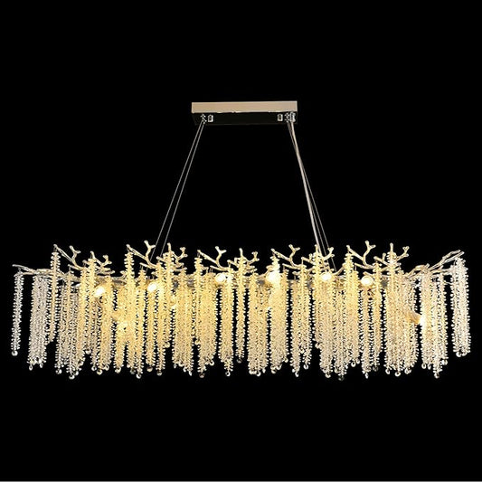 Modern Crystal Tree Branch Chandelier, Chrome Linear Rectangle Art Deco Raindrop Lighting Fixture for Dining Room Living Room Kitchen Island 16 Lights L59''