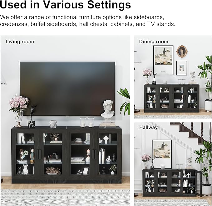 Casaphoria Adam Sideboard Buffet Cabinet with Storage, Display Cabinet with Glass Doors & Adjustable Shelves, 31" W x 36" H Buffet Cabinet for Entryway Kitchen Living Room, Black