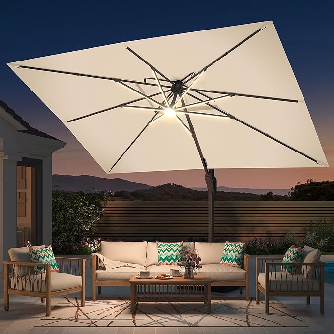 Deconk 10' X 13 'Patio Umbrella with LED Lights Outdoor Cantilever Large Rectangle Offset Umbrellas Heavy Duty Aluminum Double Top with 360-degree Rotation for Pool Garden Deck, Beige