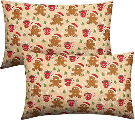 Christmas Gingerbread Lumbar Pillow Covers 12x20 Set of 2 Cute Gingerbread Cafe Xmas Tree Rectangle Throw Pillow Cover Christmas Orange Pillow Case for Home Couch Sofa Winter Decoration