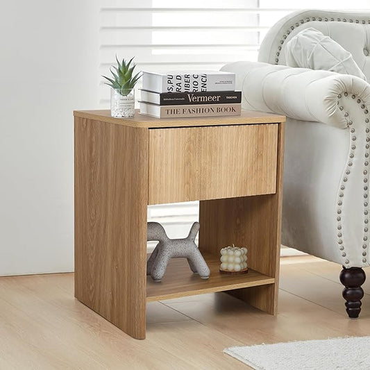 Fluted 1 Drawer Small Dresser for Bedroom, Mid Century Modern Nightstand with Drawers, Low Bedside Table with Drawers, End Table Short Storage, Living Room, Dorm -Natural