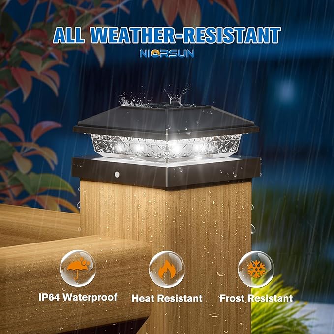 NIORSUN Solar Post Lights Outdoor, Fence Post Solar Lights Cool White, Waterproof, Garden Patio Fence Deck Decor, 4x4 Posts Cap Wood Vinyl, Black 6 Pack