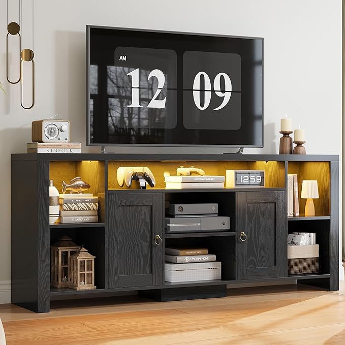 LIKIMIO TV Stand for TVs 80 inch with LED Lights & Power Outlet, Entertainment Center with Cabinets, Adjustable Shelves and Open Shelves, Modern Media TV Console Living Room, Black