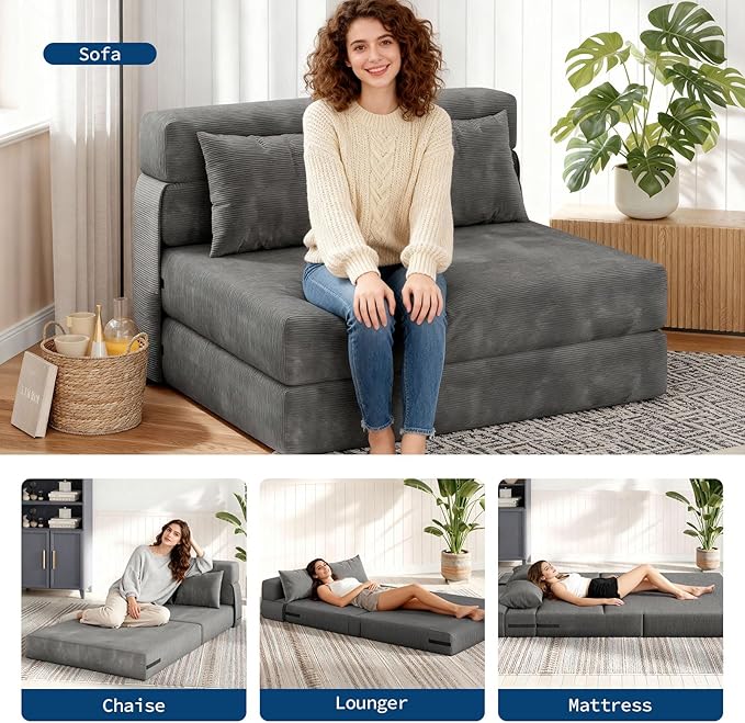 Garvee 4-in-1 Folding Sofa Bed & Chair Bed - Convertible Sleeper, Fold Out Loveseat Sofa Couch with Pillow, Tufted Floor Lounge for Living Room, Bedroom, Guest Room, Dark Grey