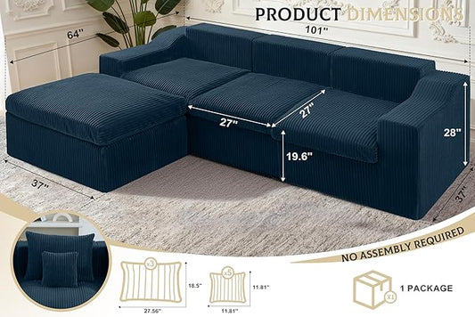 101" Modular Couch Sectionals with Ottoman, Big Comfy Cloud Couches, L Shaped 4 Seat Modular Sectional Sofa, Sectional Double Cushion Couches with Deep Seat for Living Room,No Assembly Required(Blue)