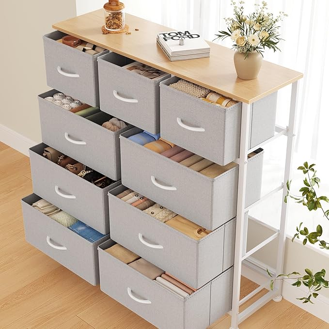DUMOS 9 Drawer Dresser for Bedroom, Fabric Storage Organizer with Sturdy Metal Frame, Wooden Top Chest of Drawers for Closet Entryway Guest Room,Light Gray