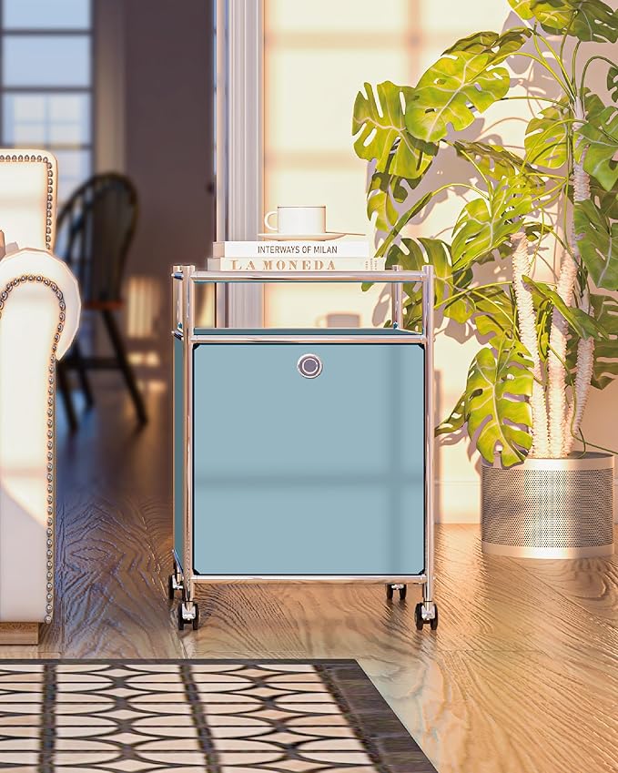 Elegant Matte Storage Cart with 22.8" Height - Perfect Side Table, Night Stand - Large Capacity with Flap Door, Detachable Wheels - Ideal for Home, Office, Bedroom, Kitchen (Blue)