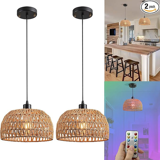 Battery Operated Pendant Light with Remote,Battery Hanging Light Rattan Woven Chandelier No Wiring Needed,Rechargeable Light Bulb 50+Hours Continue Use,Perfect for Kitchen Islands Ceiling Lighting
