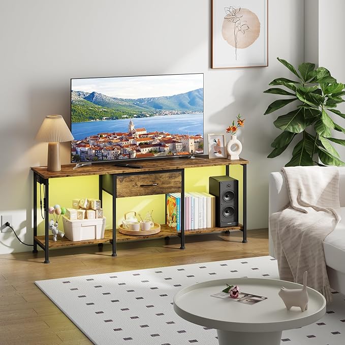 GYIIYUO LED TV Stand for 65 60 55 Inch TV, Entertainment Center with Power Outlet and Fabric Drawers, Industrial TV Console Table for Living Room Bedroom, 55" Rustic Brown
