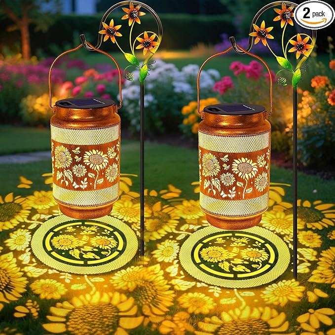 2 Pack Sunflower Solar Lanterns Outdoor Waterproof Solar Garden Decor, Birthday Gifts for Women Mom Grandma, Metal Hanging Lights with Shepherd Hook for Outside Yard Patio Pathway Backyard