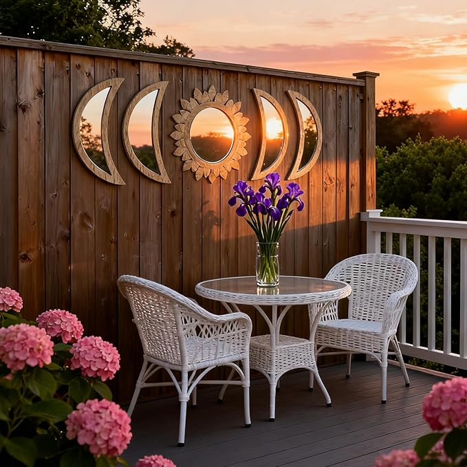 5 Pieces Moon Phase Mirror Wall-Mounted Wall Decor Mirrors Natural Wooden Sunburst Bohemian Wall Art for Home Living Room Bedroom Decoration (Natural)