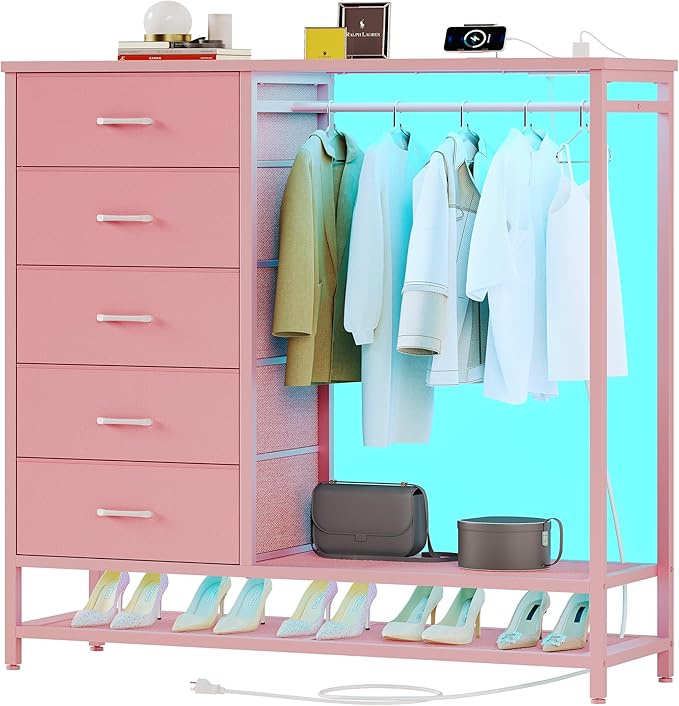 Dresser for Bedroom, Dresser with Hanging Rack Led Lights and Charging Station, Tall Dresser with 5 Fabric Chest of Drawers with PU Finish Storage Organizer, for Living Room Kids Room Closet, Pink