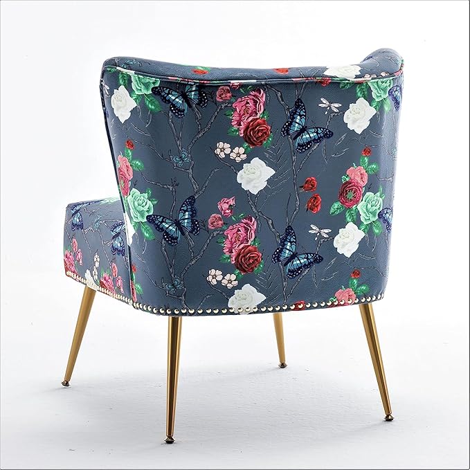 Thia Armless Accent Chair for Living Room, Elegant Seat with Nailhead Trim, Gold Metal Legs and Comfortable Curved Back, 28" D x 25" W x 29.5" H, 07 Floral Print