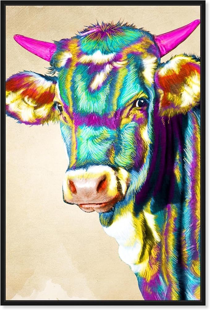 Country Farmhouse Canvas Print Painting Animal Wall Art 'Fun Colorful Glam Farm Cow' Black Framed Canvas Rustic Home Décor 16x24 in Green, Pink by Oliver Gal
