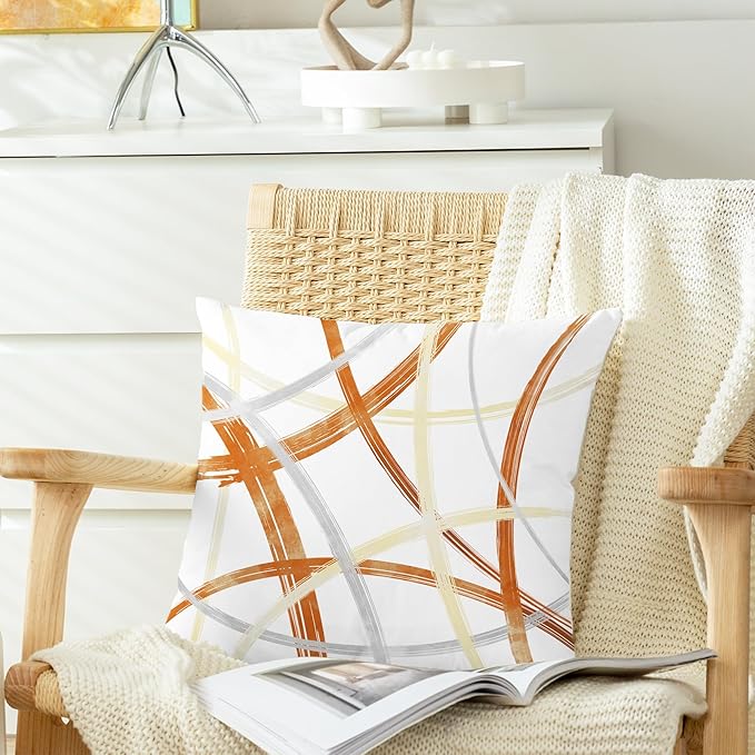 CaliTime Throw Pillow Cases Pack of 2 Cozy Fleece Arc-Shaped Abstract Geometric Lines Decorative Cushion Covers for Couch Bed Sofa Farmhouse Decoration 20 X 20 Inches Burnt Orange Light Gold Grey