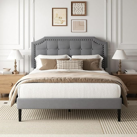 Queen Size Bed Frame, Queen Size Platform Bed Frame with Upholstered Button Tufted Headboard, Strong Wood Slats, No Box Spring Needed, Mattress Foundation, Easy Assembly Grey