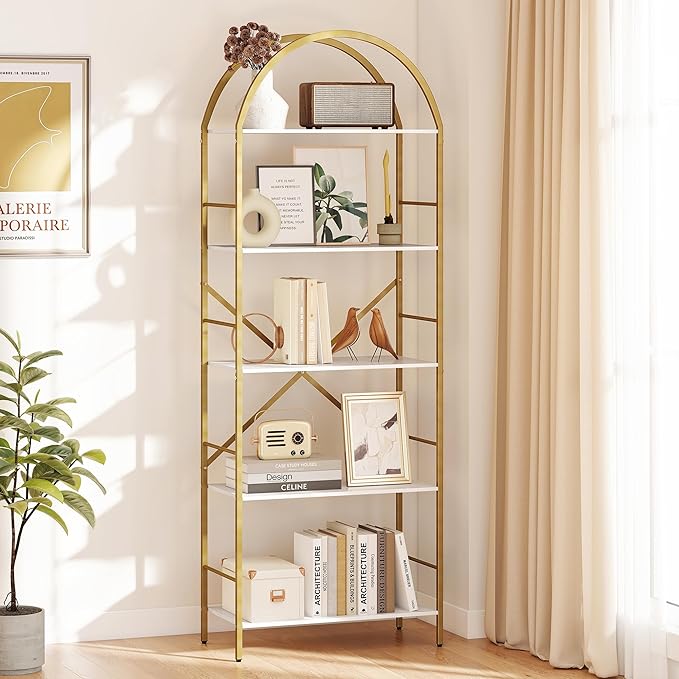 5 Tier Bookshelf Gold, 66.14 Inches Tall Arched Bookcase, Wide Storage Bookshelves with 4 Hooks, Stand Display Shelf for Living Room, Home Office, White and Gold