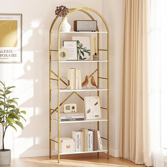 5 Tier Bookshelf Gold, 66.14 Inches Tall Arched Bookcase, Wide Storage Bookshelves with 4 Hooks, Stand Display Shelf for Living Room, Home Office, White and Gold