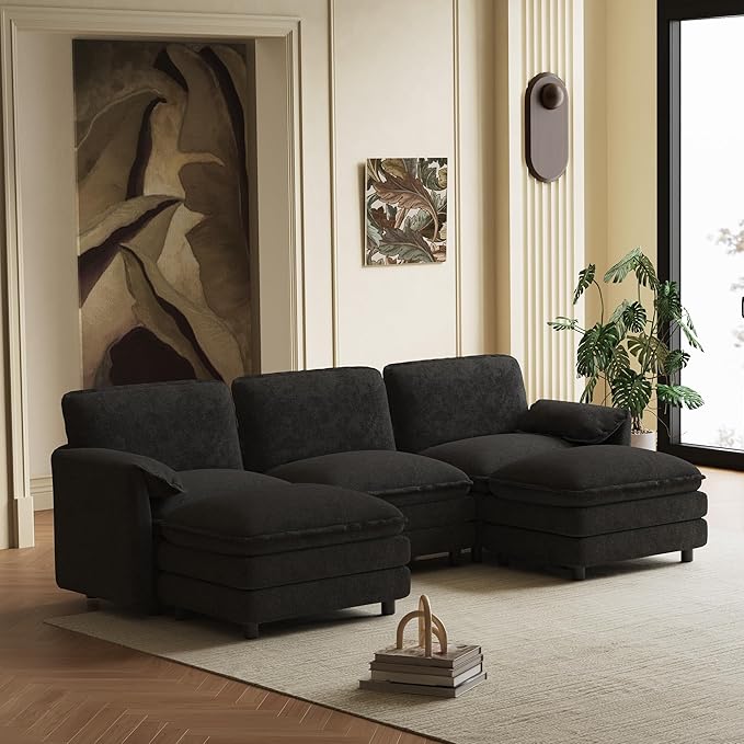 114" U Shaped Cloud Couch Sectionals Comfy Black Sectional Couches for Living Room Modern Oversized Modular Sofas with Ottoman, Fluffy Chenille Large Big 5 Seat Sofa Set