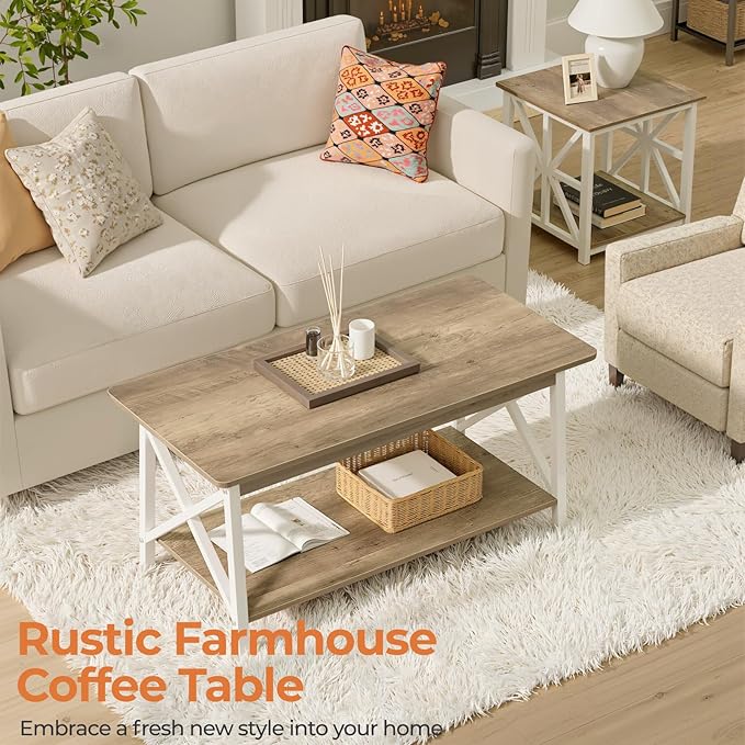 GreenForest Farmhouse Coffee Table with Round Corner, 39.4'' Living Room Table with 2 Tier Storage Shelves, X-Frame Sturdy Center Table Space Saving Easy Assembly, Gray Wash
