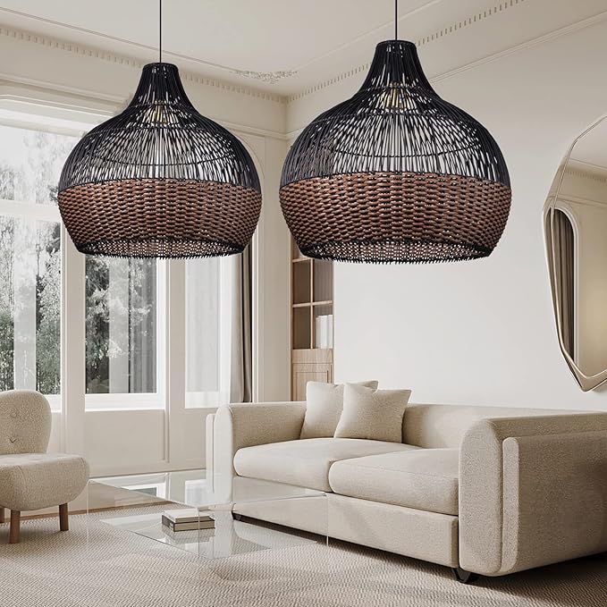 Arturesthome 1 Light Rattan Pendant Light Fixtures,Wicker Boho Black Basket Chandelier, Large Natural Woven Ceiling Hanging Lamp for Kitchen Island Dining Room W 23.5"*22.7"