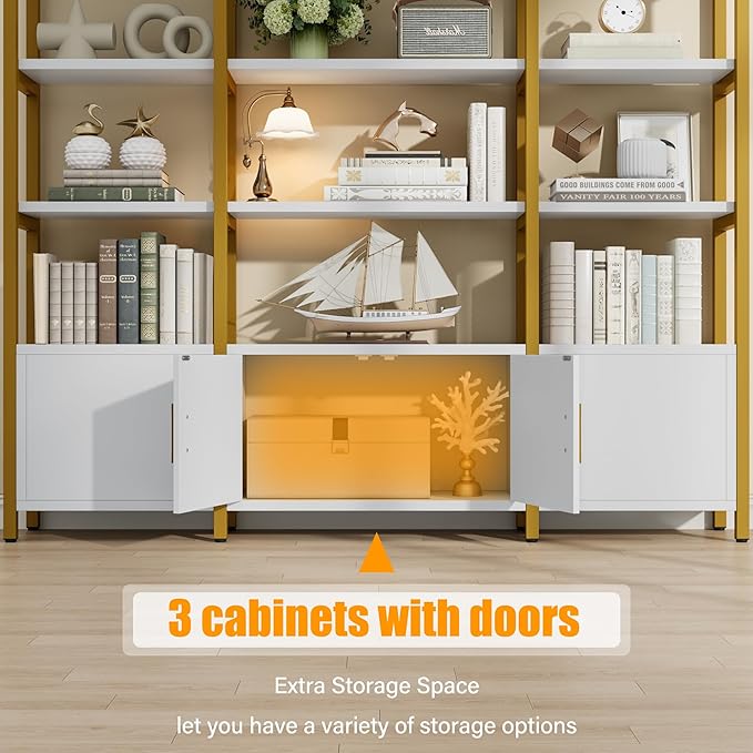 Tall Arched Bookshelf and Bookcase with 3 Cabinets, Triple Wide 5 Tier Industrial Etagere Open Bookshelf, Wood Book Shelf for Bedroom Living Room (Gold and White)