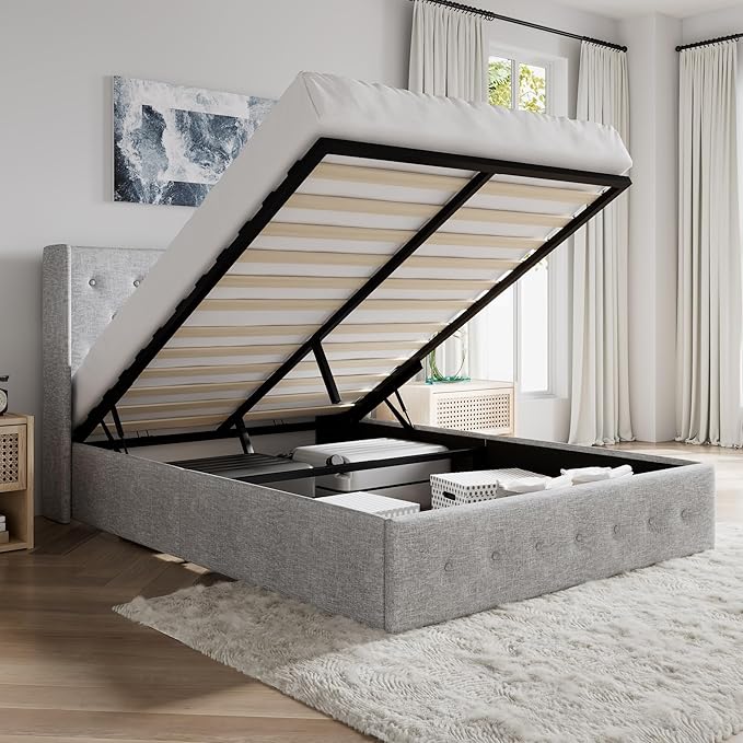 SHA CERLIN Queen Size Lift Up Storage Bed Frame,Button Tufted Wingback Headboard,Upholstered Platform,Hydraulic Storage,Wooden Slat Support,No Box Spring,Light Grey