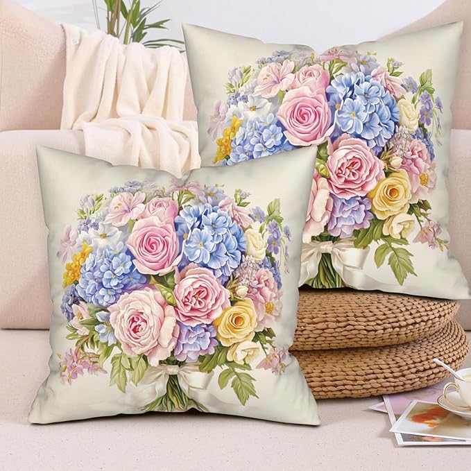 Spring Summer Floral Pillow Covers 20x20 Pink Rose Blue Hydrangea Throw Pillow Covers Exquisite Bouquet Pillow Case Flowers Cushion Case for Living Room Couch Sofa 2 Pack