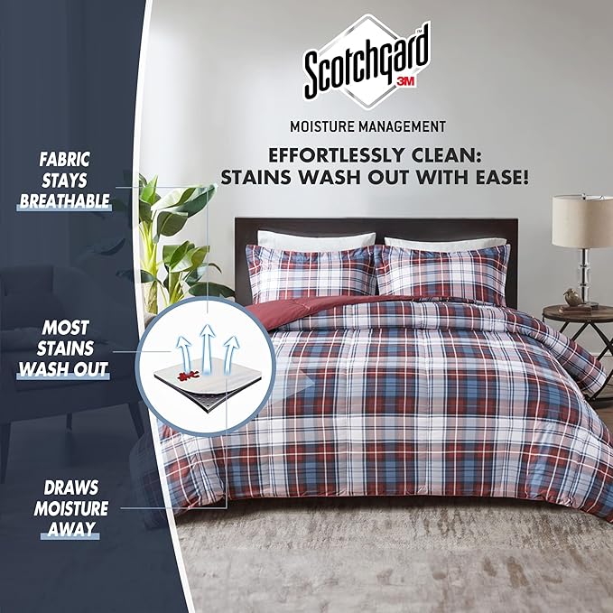 Madison Park Essentials Parkston Plaid Comforter, Matching Sham, 3M Scotchguard Stain Release Cover, Hypoallergenic All Season Bedding-Set, Twin/ Twin XL, Red, 2 Piece