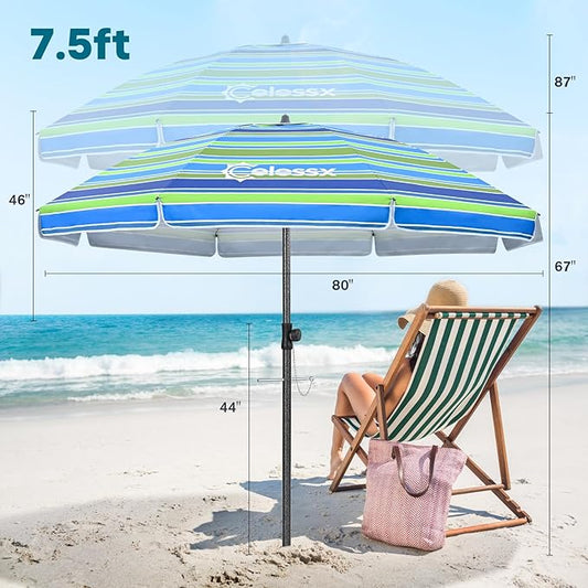 Beach Umbrella for Sand - Windproof Heavy Duty Iron Pole with Sand Anchor, UPF 50+ UV Protection & Tilt Mechanism, Portable Sun Shade Parasol, Carrying Bag for Beach Patio Garden Outdoor